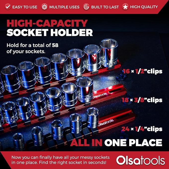 Olsa Tools 3-Pc Set Aluminum Socket Organizer | Locking End Caps | 1/4-Inch - Image 2