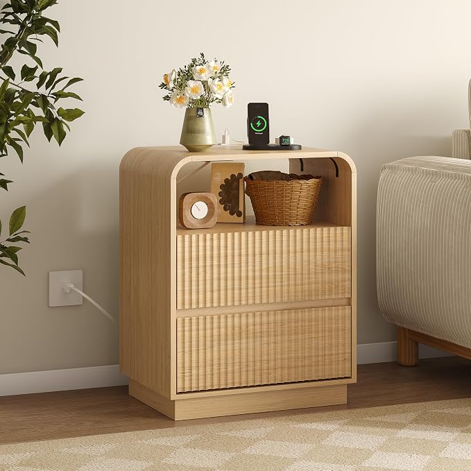 Dresser with 2 Drawers and Charging Station, Fluted Bedside Table with Round - Image 5