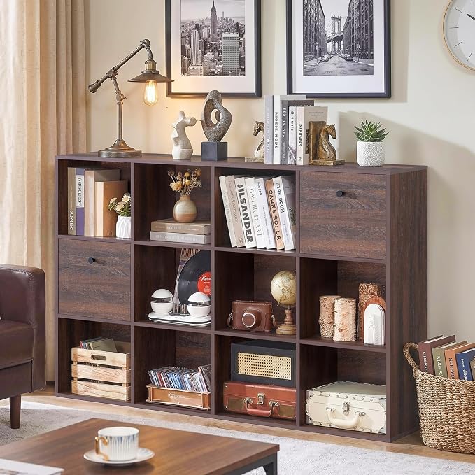 12 Cube Storage Organizer, Walnut Bookcase, Wooden Bookshelf - Image 9