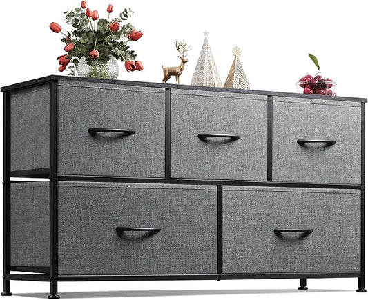 WLIVE Wide Dresser for Bedroom, 5 Drawer Chest of Drawers, Dark Grey | 5 roomy by WLIVE