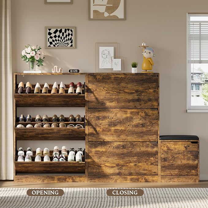 BORNOON Shoe Cabinet with Bench and 3 Flip Drawers, Slim Narrow Shoe Storage - Image 5