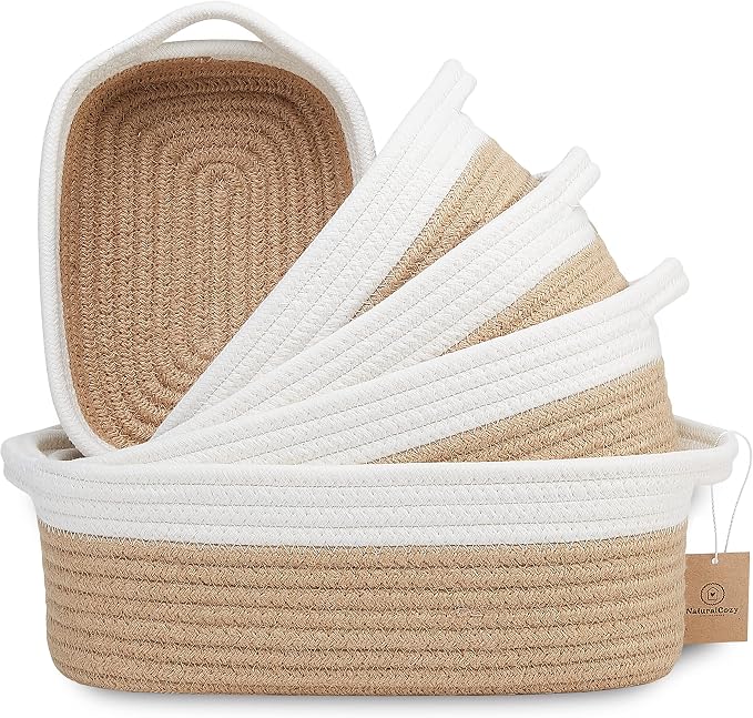 NaturalCozy 5-Piece Rectangle Storage Basket Set- Natural Cotton Rope Woven by NaturalCozy