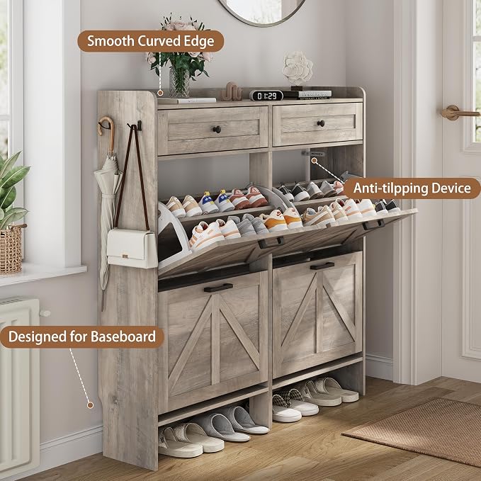 Shoe Cabinet with 4 Flip Drawers & 2 Top Drawers, Hidden Slim Shoe Rack - Image 5