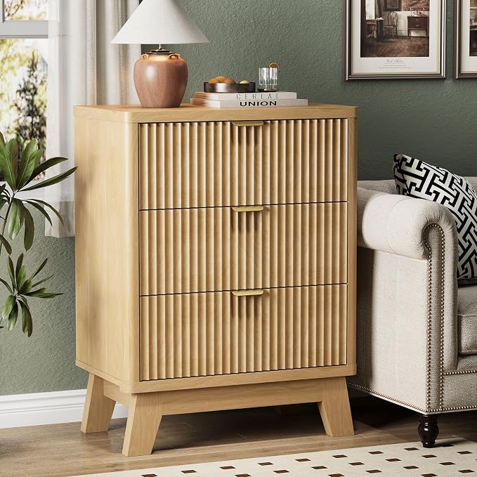 Fluted Nightstand with 3 Storage Drawers, Mid Century Modern Wooden Side Table - Image 3