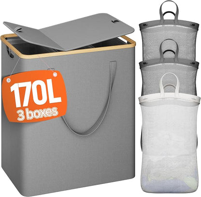 170L Laundry Hamper with Lid 3 Section, Extra Large Laundry Basket with 3 by Raybee