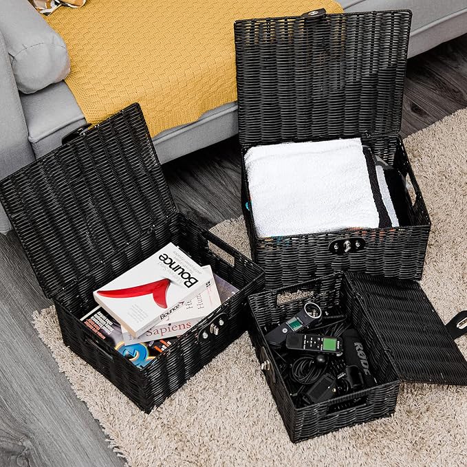 Set of 3 Woven Wicker Storage Basket Box - Image 2