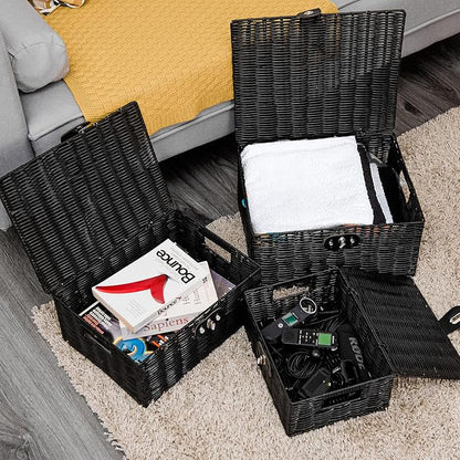 Set of 3 Woven Wicker Storage Basket Box - Image 2