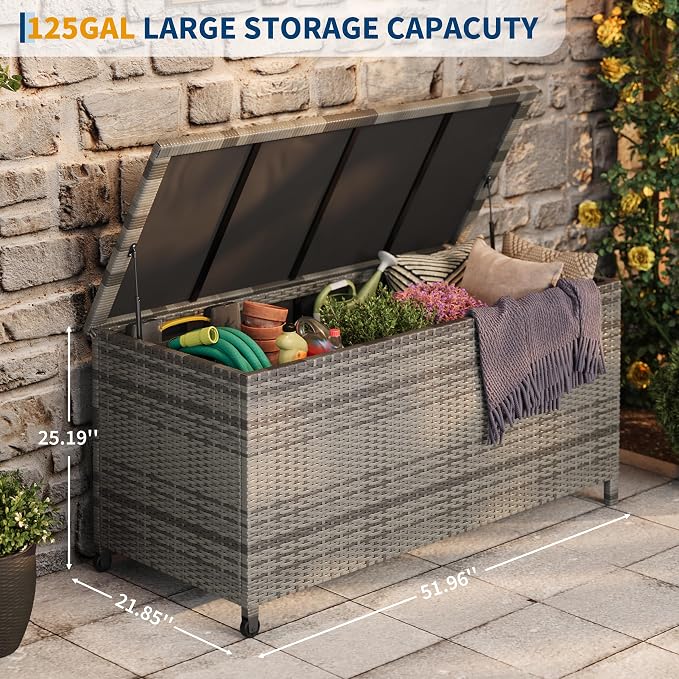 125 Gallon Large Deck Box Waterproof PE Rattan Outdoor Storage Box - Image 3