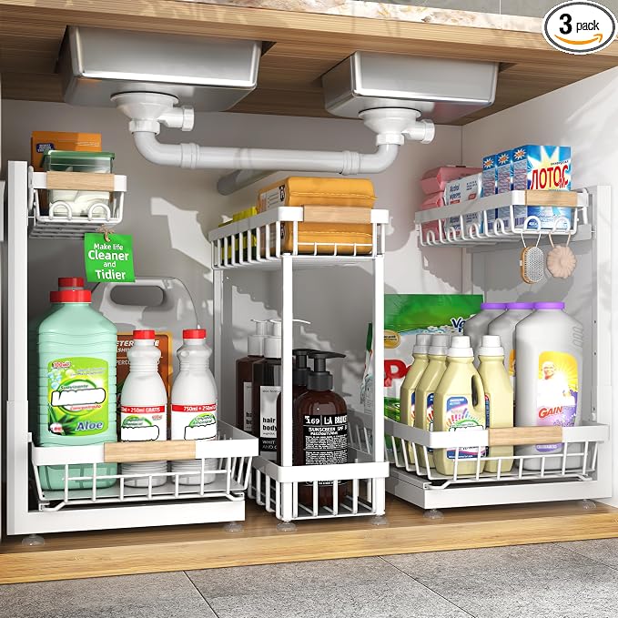 Sevenblue 3 Pack Under Sink Organizer, Height Adjustable 2 Tier Pull-Out Metal by Sevenblue