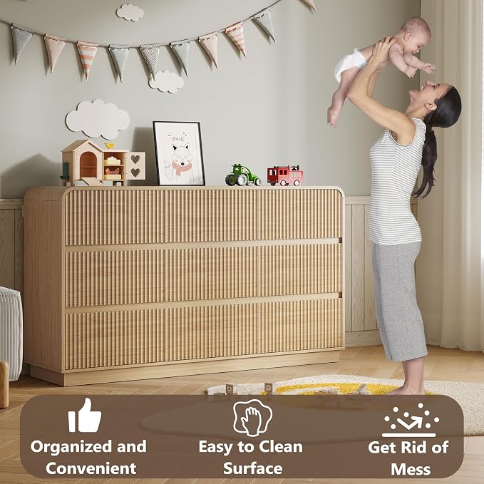 Dresser for Bedroom with 9 Drawers, Fluted Chest of Drawers with Round Curved - Image 5