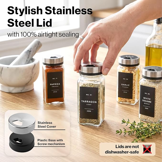 EDELHAUS Glass Spice Jars with Label and Silver Rotating Lids Spice Containers - Image 6