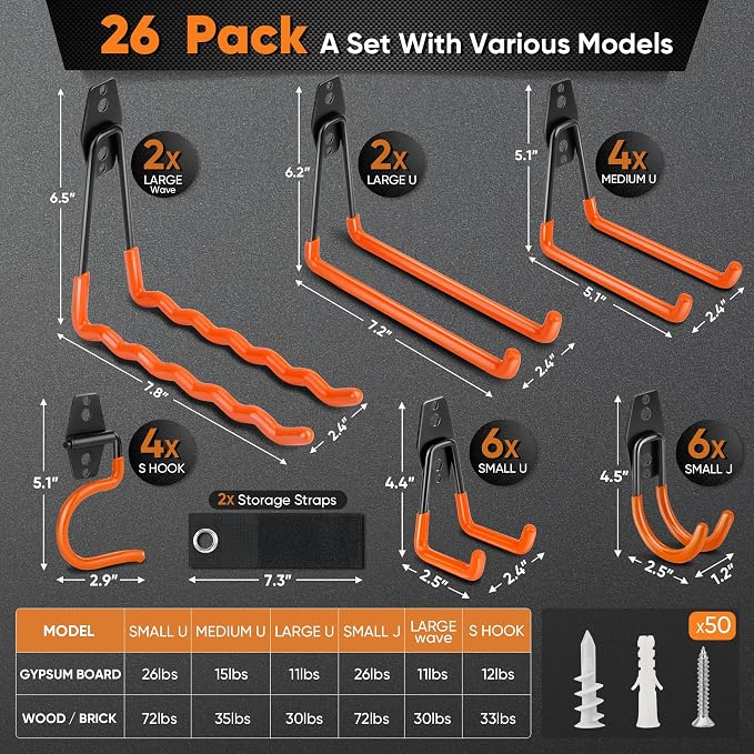 Nacial 26 Pack Garage Hooks Heavy Duty, Utility Steel Garage Storage Hooks - Image 2