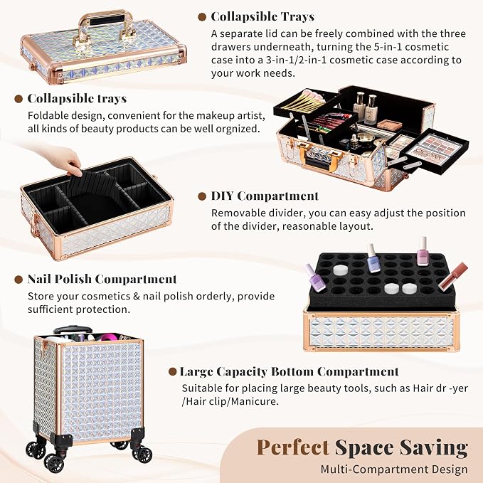 AROUS 5 in 1 Rolling Makeup Train Case Cosmetology Case on Wheels Large - Image 8