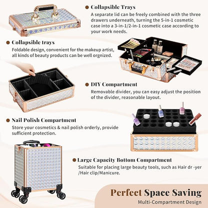 AROUS 5 in 1 Rolling Makeup Train Case Cosmetology Case on Wheels Large - Image 4