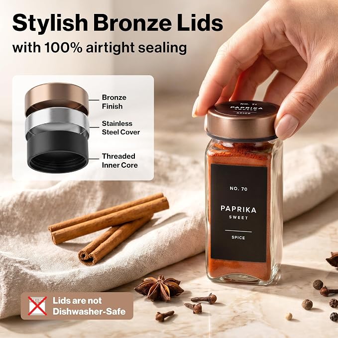 EDELHAUS Glass Spice Jars with Label, 24x Champagne Bronze Steel Lids | - Image 6