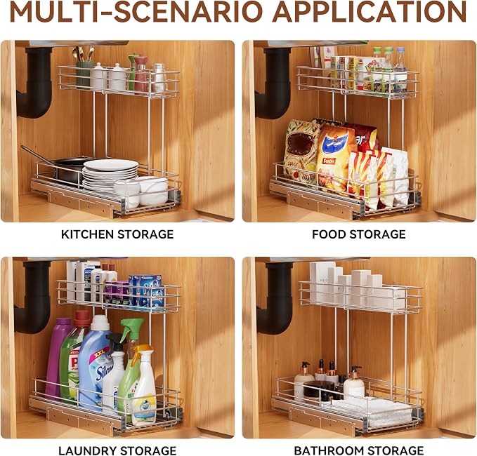 Under Sink Organizer 9"W X18.5"D，Pull Out Cabinet Organizer 2 Tier，Under Sink - Image 6