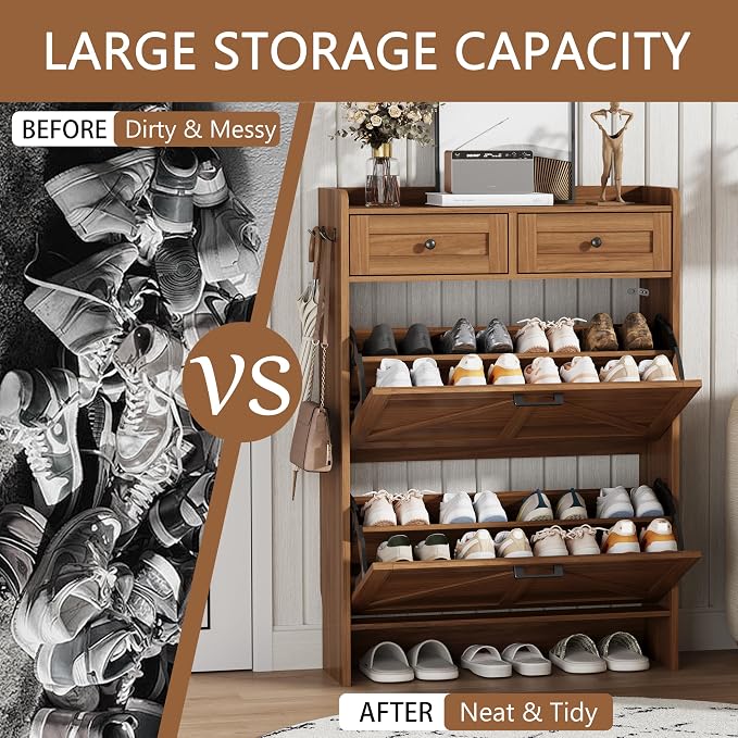Shoe Cabinet with 2 Flip Drawers & 2 Top Drawers, Hidden Slim Shoe Rack - Image 7