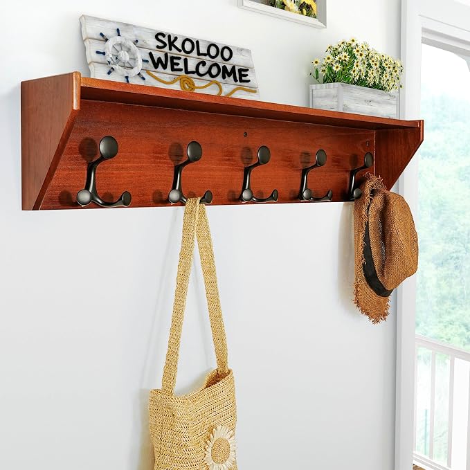 SKOLOO Wall Shelf with Hooks, 35-Inch Cherry Coat Rack Wall Mount with Shelf - Image 2
