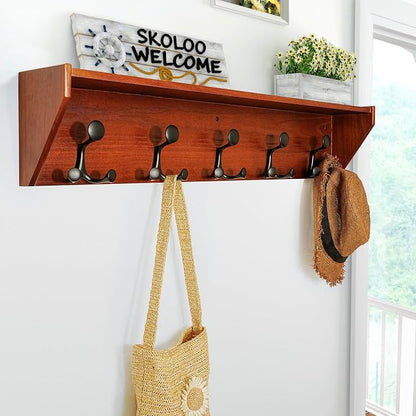 SKOLOO Wall Shelf with Hooks, 35-Inch Cherry Coat Rack Wall Mount with Shelf - Image 2