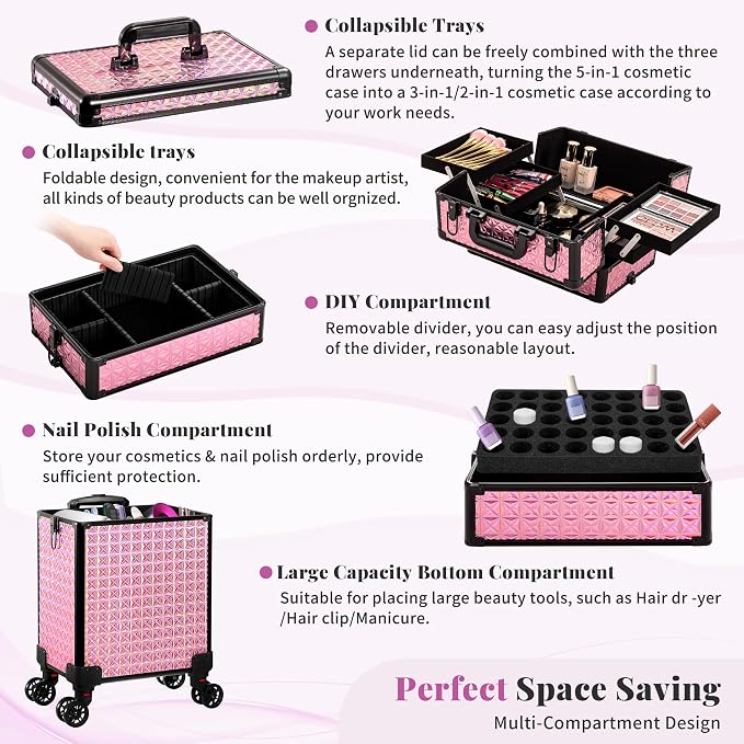 AROUS 5 in 1 Rolling Makeup Train Case Cosmetology Case on Wheels Large - Image 7