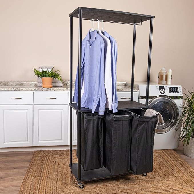 Household Essentials 3-Bag Laundry Center, Smooth Laminate Shelving, Sturdy - Image 3