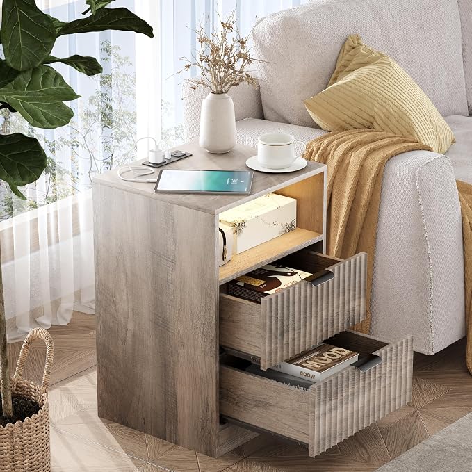 LED Nightstand with Charging Station, Fluted Nightstand Set of 2, Wood - Image 4