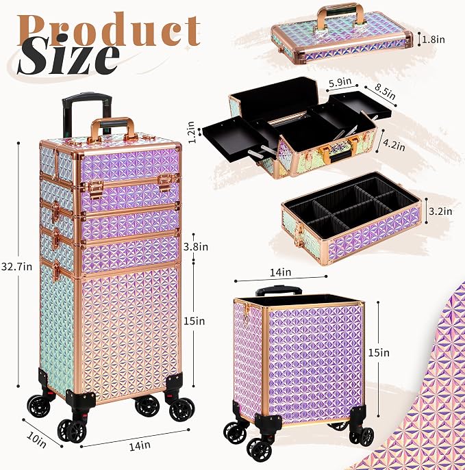 AROUS 5 in 1 Rolling Makeup Train Case Cosmetology Case on Wheels Large - Image 4