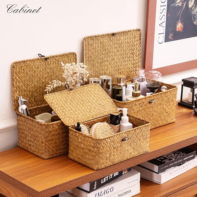 Nonam Storage Basket with Lid, Natural Seagrass Bin with Lid Set of 3, Shelf - Image 6