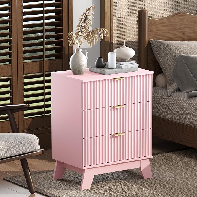 Pink Night Stand with 3 Drawers, Bedside Table & End Table, Farmhouse Night by WODEER