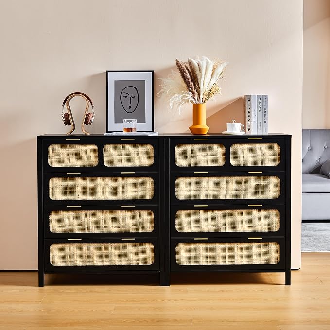 4 Drawer Dresser with Rattan Finish, Modern Farmhouse Chest of Drawers with - Image 4