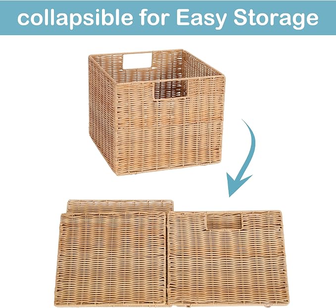 12X12X10in Plastic Wicker Storage Basket, Collapsible Wicker Cube Storage - Image 5
