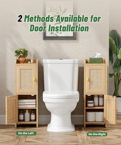 Akxomel Rattan Small Bathroom Cabinet Narrow Toilet Paper Organizer Oak | - Image 6