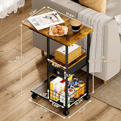 C Shaped Sofa Side Table with Wheels, Rolling Small Coffee Table with Drawer - Image 3