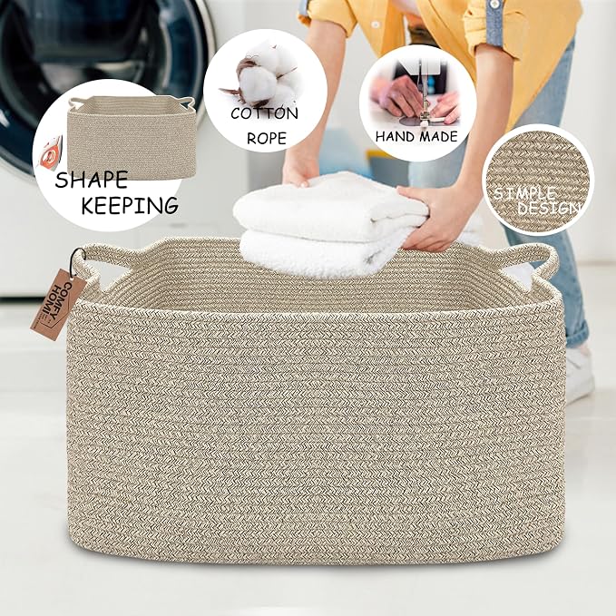 COMFY-HOMI Large Rectangular Blanket Basket, Woven Cotton Rope Baskets - Image 3