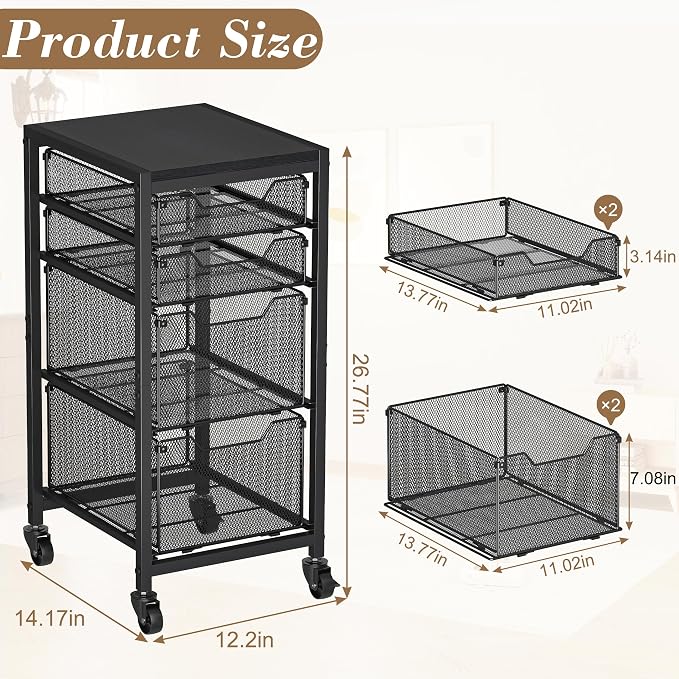 Slim Rolling Storage Cart with Drawers, Under Desk Storage with Wooden Tabletop - Image 2