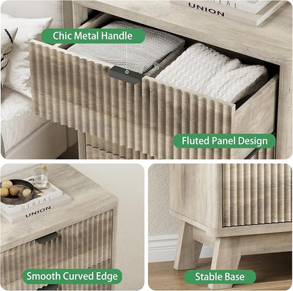 Fluted Nightstand with 3 Storage Drawers, Mid Century Modern Wooden Side Table - Image 5