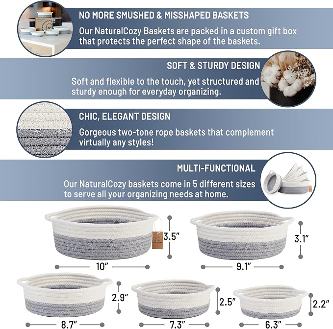 5-Piece Round Woven Cotton Rope Storage Baskets - Image 2
