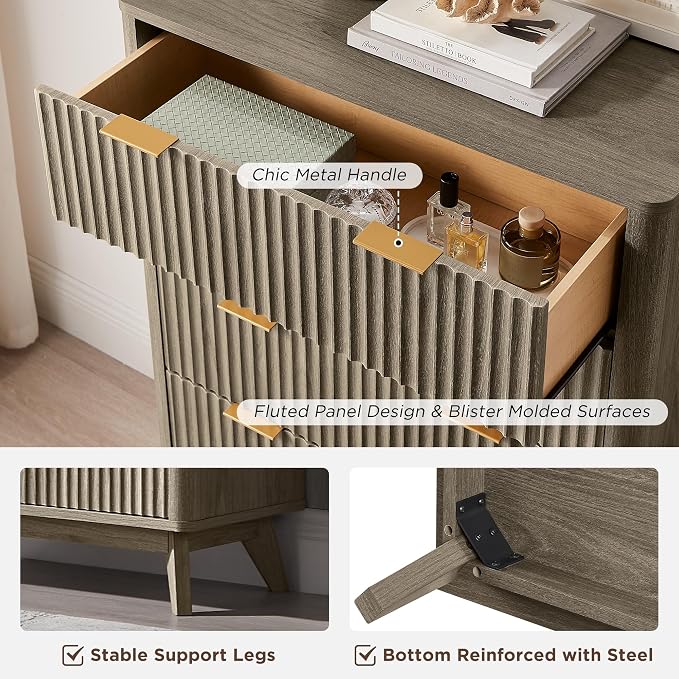 T4TREAM Fluted 5 Drawers Dresser, Curved Profile Design, Wood Drawer Organizer - Image 6