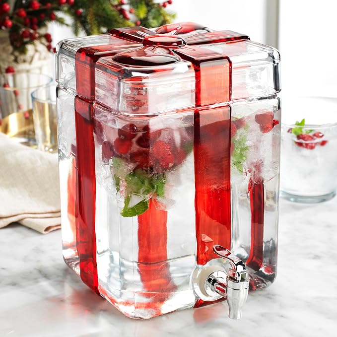 Gift Box Drink dispenser with Red Ribbon Design, Glass Beverage Dispenser - Image 9