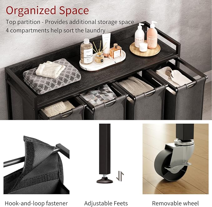 Laundry Hamper with Shelf, Laundry Basket 4 Section, Laundry Sorter with - Image 3