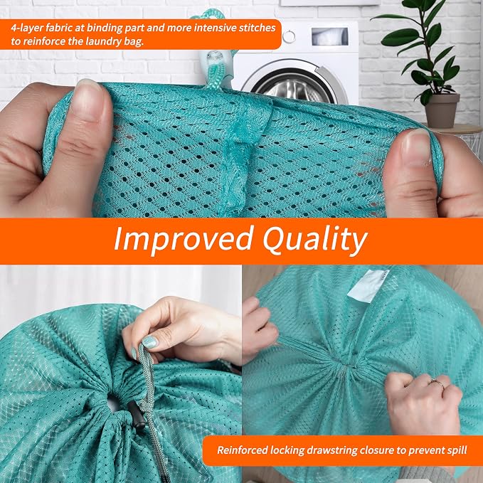 Polecasa Heavy Duty Diamond Mesh Laundry Bag, Aqua | Drawstring & ID Tag - Image 4