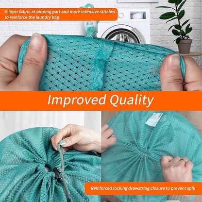 Polecasa Heavy Duty Diamond Mesh Laundry Bag, Aqua | Drawstring & ID Tag - Image 4