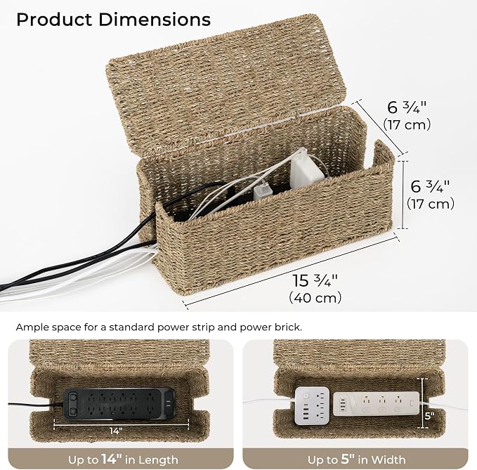 StorageWorks Large Cable Management Box, 2 Slots Wicker Cable Organizer to Hide - Image 2