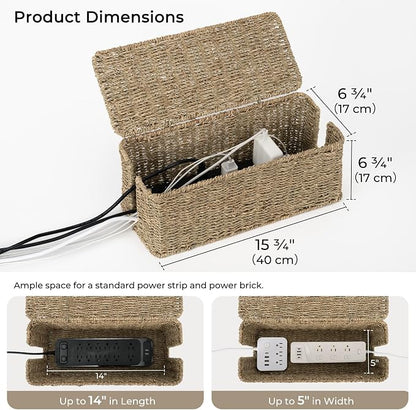 StorageWorks Large Cable Management Box, 2 Slots Wicker Cable Organizer to Hide - Image 2
