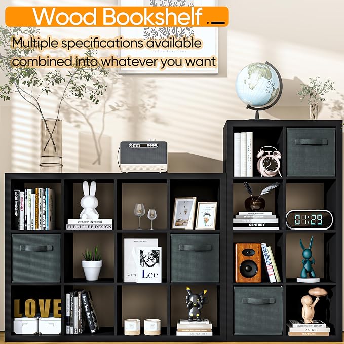 Bookshelf with Storage Bin, 4-Cube Storage Organizer, Modern Wood Open Bookcase - Image 6