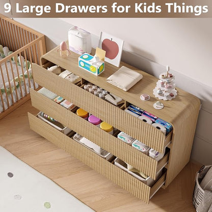 Dresser for Bedroom with 9 Drawers, Fluted Chest of Drawers with Round Curved - Image 3