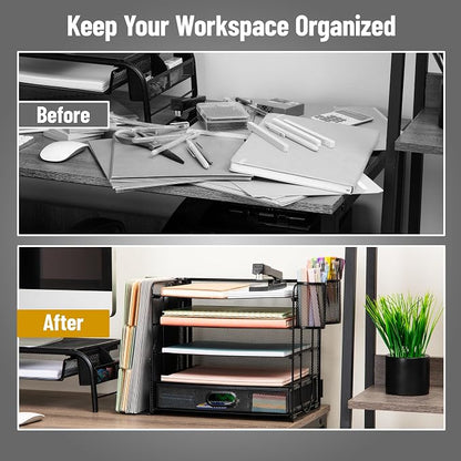 Mind Reader Mesh Desk Organizer, 4 Trays, 1 Drawer, File Holder, 2 Pen Cups - Image 5