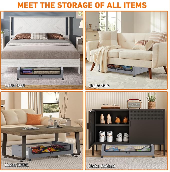 Under Bed Storage with Wheels, 2 Pack Under Bed Storage Containers with Clear - Image 5