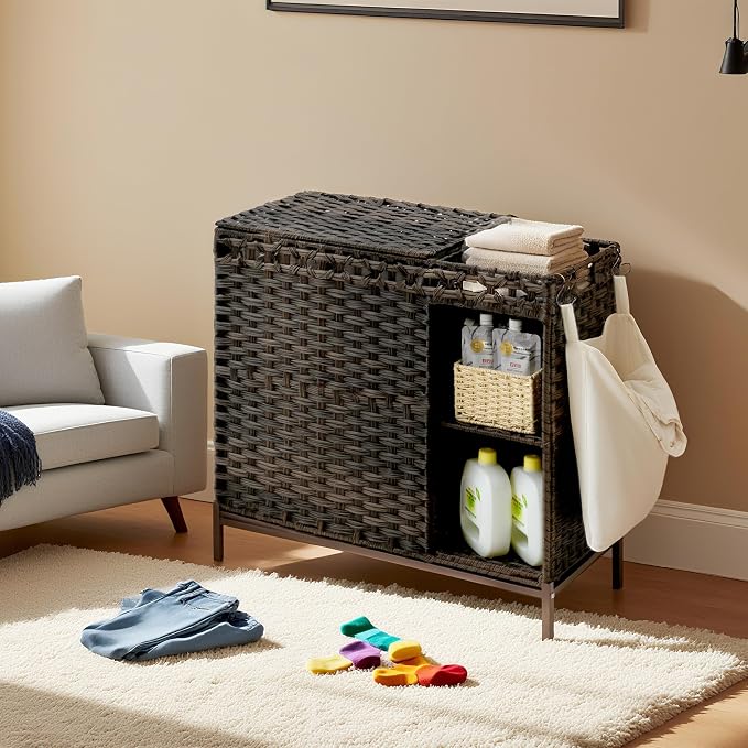 Laundry Hamper with Lid, 110L Rattan Laundry Hamper 2 Section with 50L Storage - Image 9