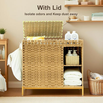 Laundry Hamper with Lid, 110L Rattan Laundry Hamper 2 Section with 50L Storage - Image 2
